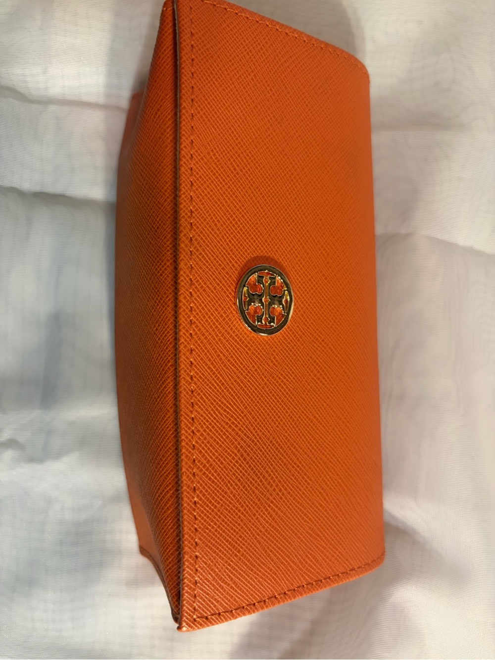 Tory Burch Orange Saffiano Leather Cosmetic Pouch with Gold Logo